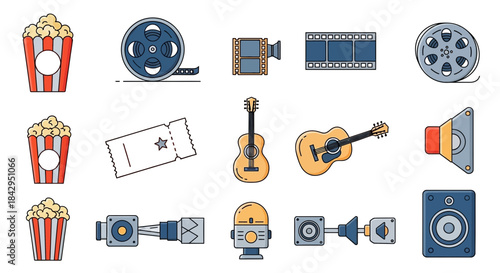 Collection of flat design icons representing cinema music production and entertainment elements on black on transparent background