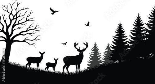 Forest silhouette, deer family, wildlife scene, nature illustration, black and white, vector clipart, woodland animals, tree, birds, landscape art