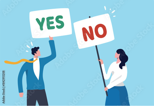Yes, No argument or disagreement, conflict fight debate, dilemma, dispute or office rivalry war, struggle, negative discussion concept, businessman and woman arguing or fight with yes and no sign