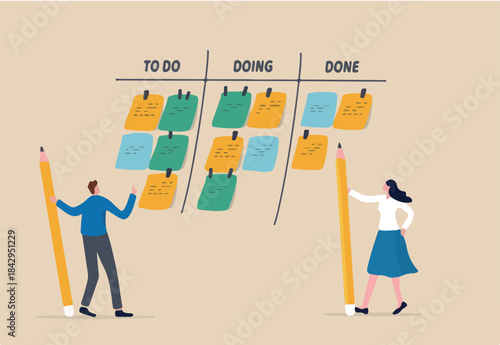 Review work progress on kanban board, todo list, in progress task and finished one, project management or planning for production concept, business people review project progress on kanban board