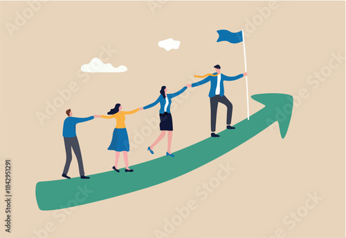 Teamwork cooperate together to achieve target, leadership to build team walking up rising growth arrow, career development concept, businessman leader holding hand with employee walking up arrow graph