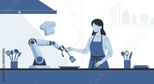 Illustration depicts a robotic arm assisting a woman in a modern kitchen, highlighting automation