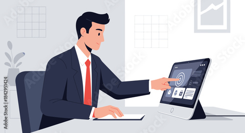 Illustration of a businessman interacting with a modern touch screen device for data analysis