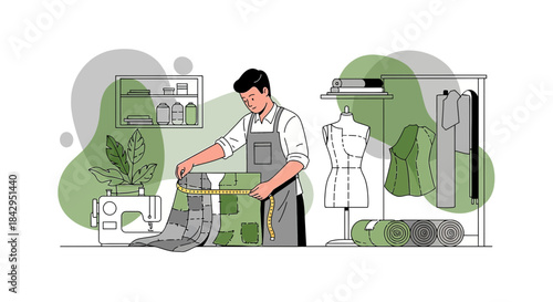 Illustration of a dedicated fashion designer creating a unique garment in studio working