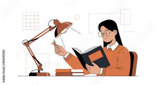 Illustration of a focused student studying with a lamp on desk ready to write notes