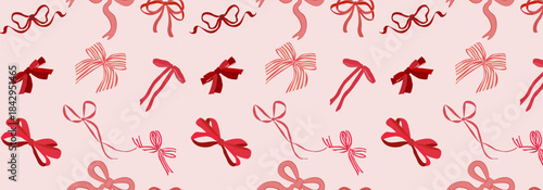 Seamless pattern with pink romantic bows. A delicate and subtle feminine romantic decorative frame for invitations, postcards, packaging, branding, and romantic design projects. Vector wreath.