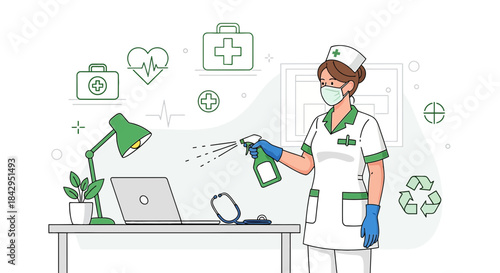 Illustration of a medical professional sanitizing her workspace for hygiene and safety