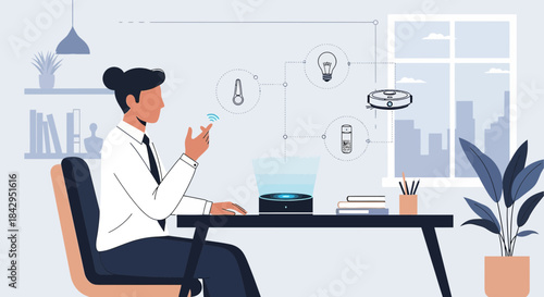 Illustration of a smart home controlled by a digital assistant with a modern design featuring a