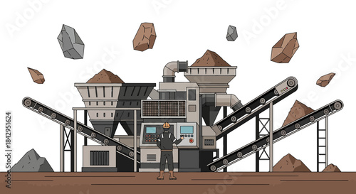Illustration of a stone crushing plant with a worker operating machinery at the facility