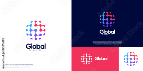 global tech logo with a series of pixels, circular shape, digital network connection symbol, graphic design template.