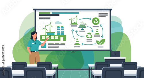 Illustration of a teacher presenting a lesson on renewable energy and sustainable practices in a
