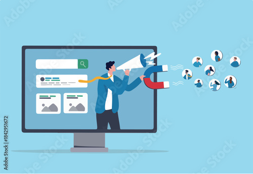 Lead generation, marketing campaign to attract client, customer or user to visit website, SEO strategy or traffic, online media advertising concept, marketing businessman draw customer to website.