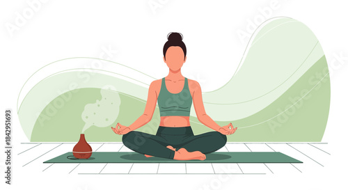 Illustration of a woman meditating with essential oil diffuser for wellness and relaxation practice