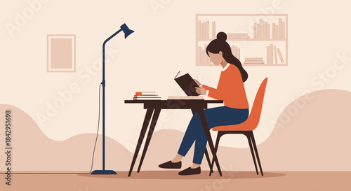 Illustration of a woman reading a book at her desk in a cozy, minimal home office space