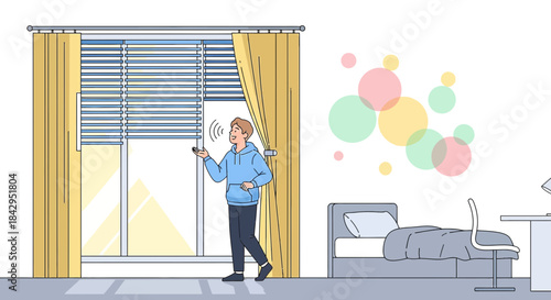 Illustration of a young man controlling smart home devices with voice commands in his bedroom