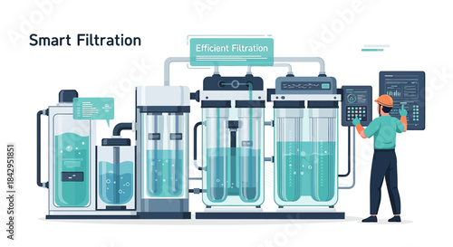 Illustration of advanced filtration technology with an engineer monitoring the process for