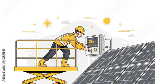 Illustration of an engineer configuring a solar energy panel system at a power plant