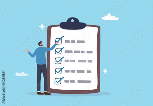 Complete checklist or finishing checkbox, task done within deadline, complete tasks list or project, approval or achievement concept, businessman put tick on complete checklist on paper clipboard