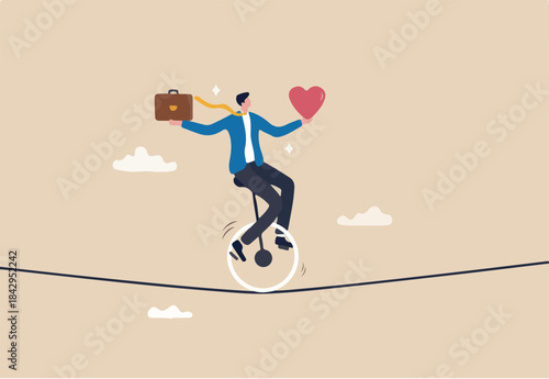Work life balance, working lifestyle compromise with family or personal health, choice or balance between work stress and relaxation concept, businessman balance himself with heart and briefcase