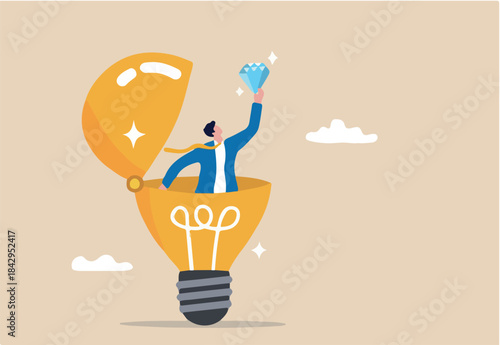 Business value, discover opportunity or benefit from idea, quality measurement or search for brilliant idea worth concept, businessman discover valuable priceless diamond from bright lightbulb idea