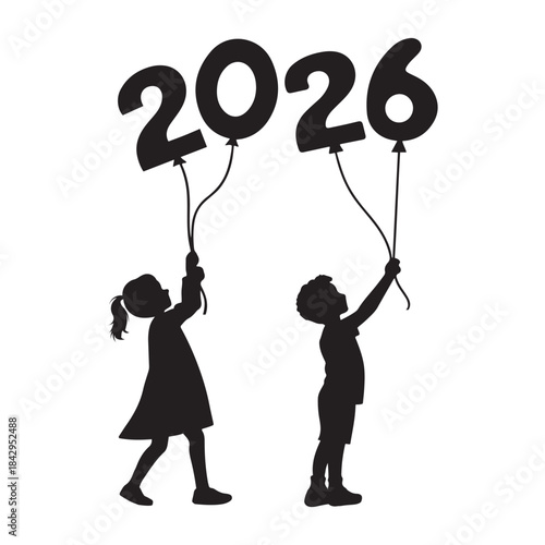 2026 Celebration Kids Silhouette, New Year Joyful Balloon Design