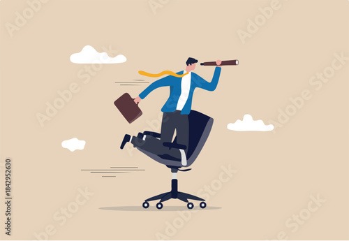 Career future, new job opportunity or visionary to success in work concept, businessman riding office chair using telescope to see future and the way forward
