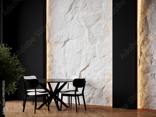 Fotografi Stylish dining room or lounge living interior design with accent wall background - white textured stone - trend 2026 cloud dancer tone