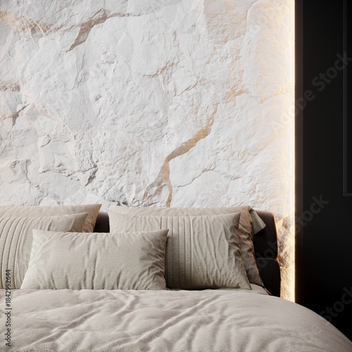 Cloud dancer color of the year 2026 white tone bedroom with stone accent. Mockup background interior design rich home or hotel space. Accent color trend. Beige, black and white palette room. 3d render