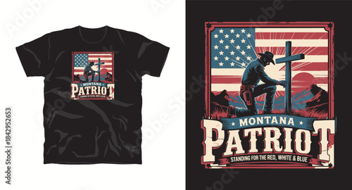 Montana patriot t-shirt design showing a cowboy kneeling by a cross with an american flag background, representing faith and patriotism