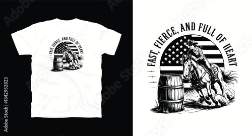 Cowgirl barrel racing on horse with american flag t-shirt design