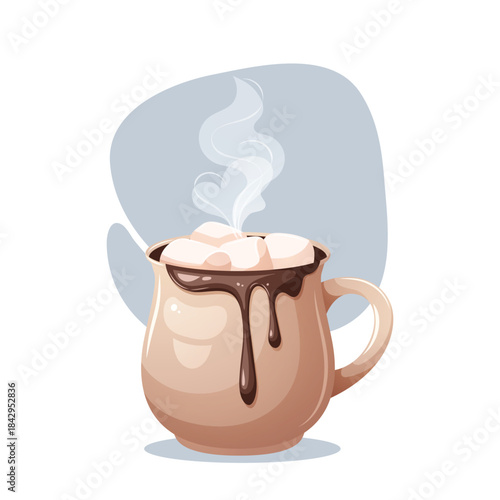 Warm Winter Drink, Illustrated Mug of Hot Chocolate with Marshmallows and Steam
