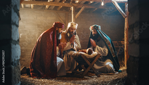 The Three Kings pay homage to the baby Jesus lying in a manger and offer him gifts.