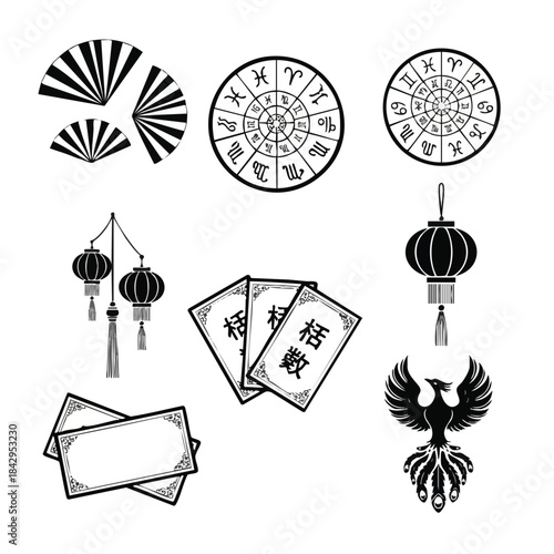 Black and white illustrations of Chinese New Year icons including lanterns, cards, and zodiac wheels on a white background. Perfect for celebrations, cultural events, and festive designs.
