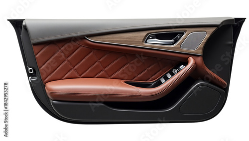 Luxurious automotive door panel featuring diamond stitched cognac leather trim and rich wood accents for high end vehicle interiors