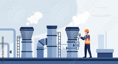 Illustration of an industrial plant with engineer monitoring emissions and operations professionally
