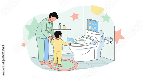 Illustration of father teaching his child about a smart toilet with digital display integration
