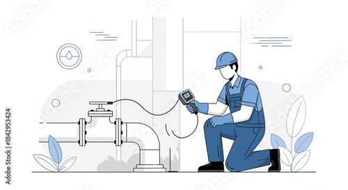 Illustration of technician inspecting plumbing system with modern diagnostic equipment diligently