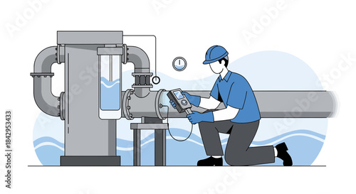 Illustration of technician inspecting water pipes with digital device for pipeline integrity