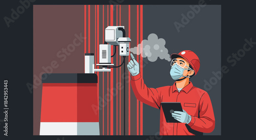 Illustration of technician wearing mask inspecting industrial machinery and monitoring air