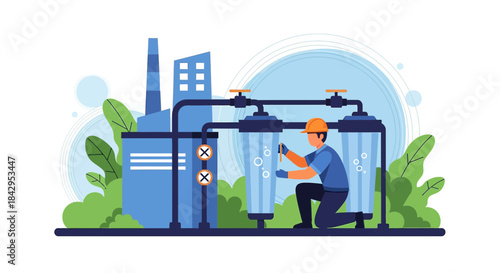 Illustration portraying the industrial water purification process within a manufacturing plant