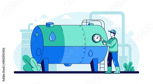 Illustration portraying industrial maintenance with a worker examining a liquid storage tank meter