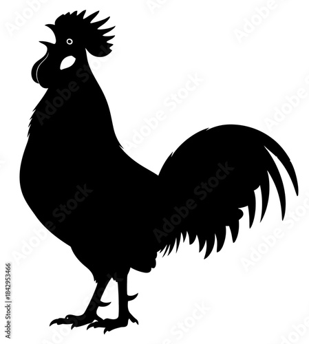 Bold Black Silhouette of a Majestic Rooster Crowing Loudly at Sunrise on a White Background Versatile Farm Animal Vector Graphic