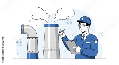 Illustration showcasing an engineer inspecting a factory with pipes and smoke emissions