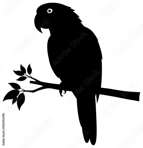 Silhouette of a Parrot Perched on a Branch with Leaves