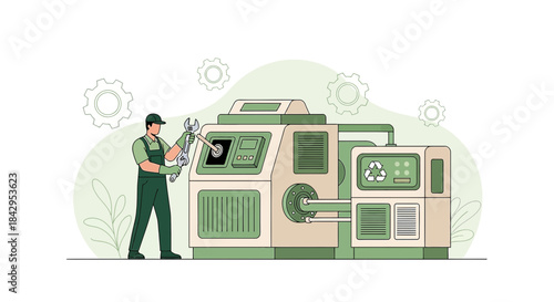 Illustrative depiction of a technician repairing industrial machinery with recycling symbol