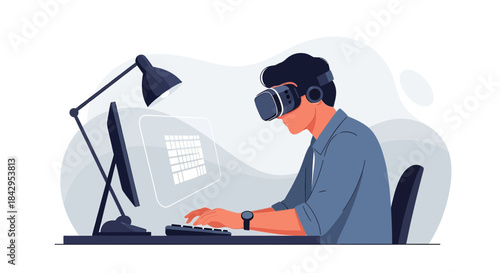 Immersive development illustration depicting a man coding in virtual reality environment