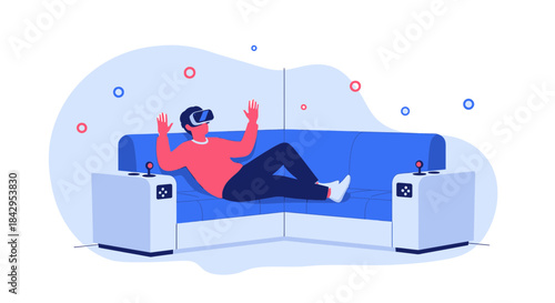 Immersive digital experience concept person using virtual reality while relaxing on blue couch