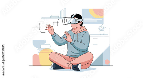 Immersive digital experience: A person exploring a virtual world with VR headset