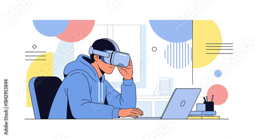 Immersive digital experience, exploring metaverse with VR headset and working on laptop