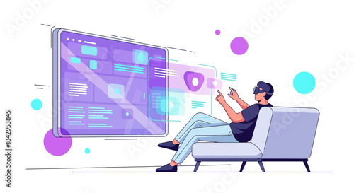 Immersive digital experience: Man interacting with a virtual interface using VR headset